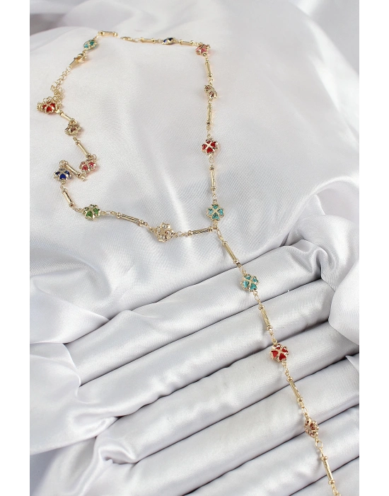 ® Pirinç Asorti Kalpli Yonca Model Gold Renk Zirkon Taşlı Y Kolye