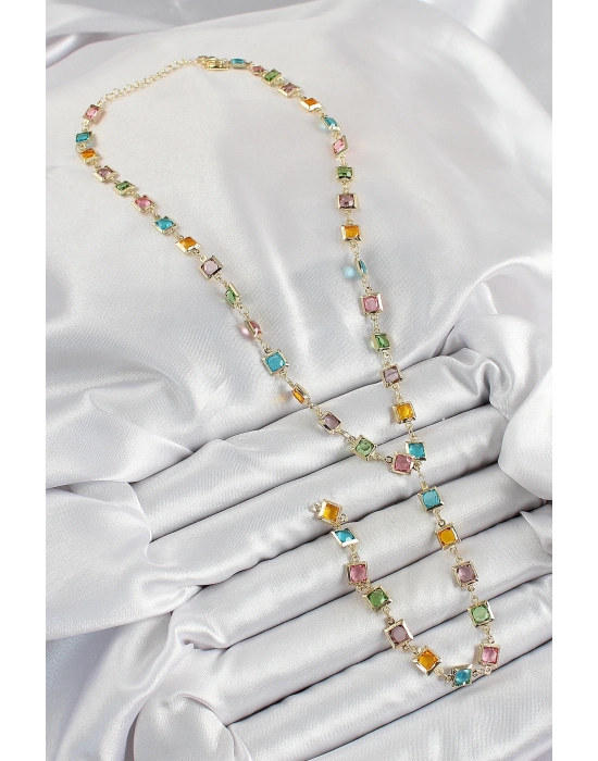 ® Pirinç Asorti Kare Model Gold Renk Zirkon Taşlı Y Kolye