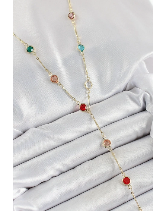 ® Pirinç Asorti Model Gold Renk Zirkon Taşlı Y Kolye