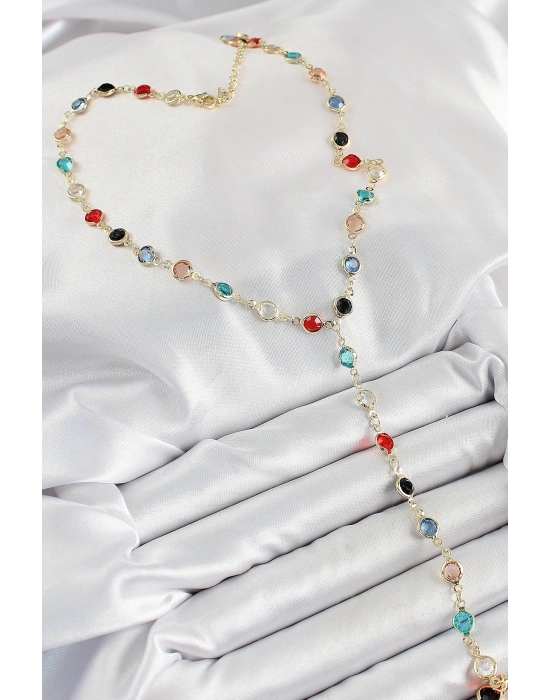 ® Pirinç Asorti Model Gold Renk Zirkon Taşlı Y Kolye