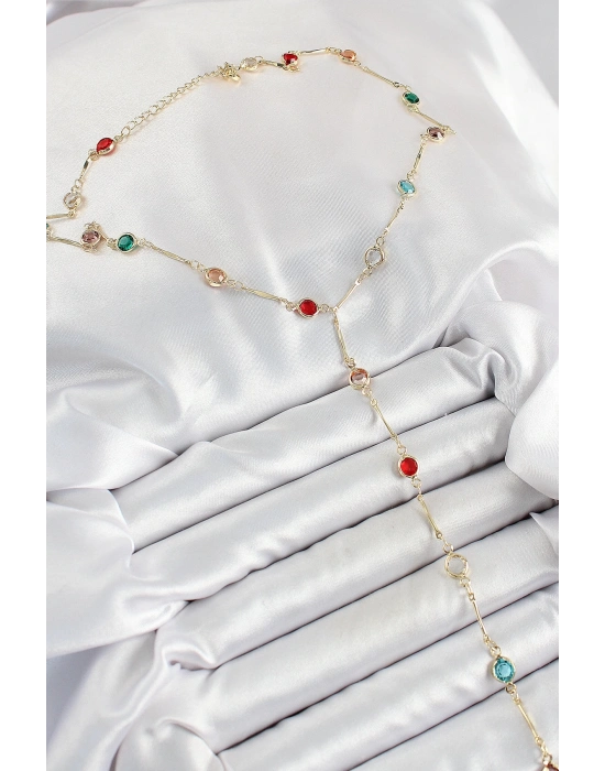 ® Pirinç Asorti Model Gold Renk Zirkon Taşlı Y Kolye