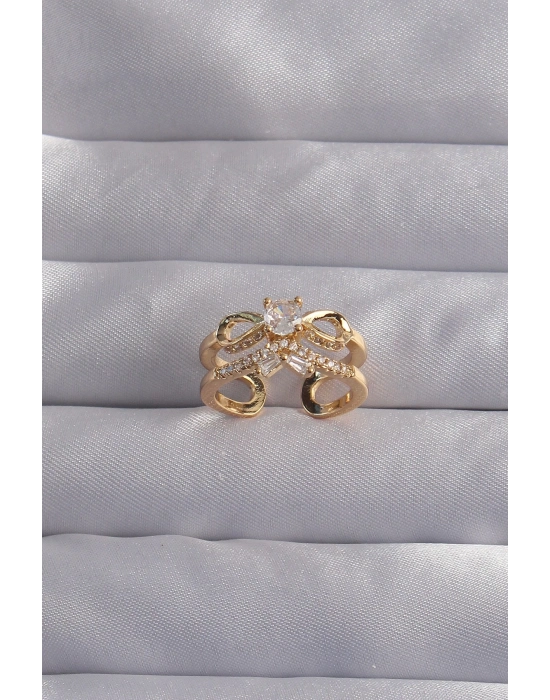 ® Pirinç Ayarlamalı Gold Renk Zirkon Taşlı 2li Görünüm Fiyonk Yüzük