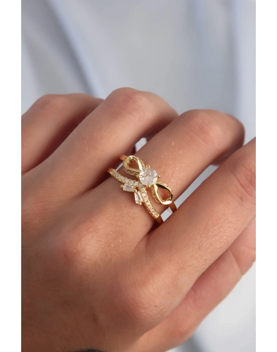 ® Pirinç Ayarlamalı Gold Renk Zirkon Taşlı 2li Görünüm Fiyonk Yüzük