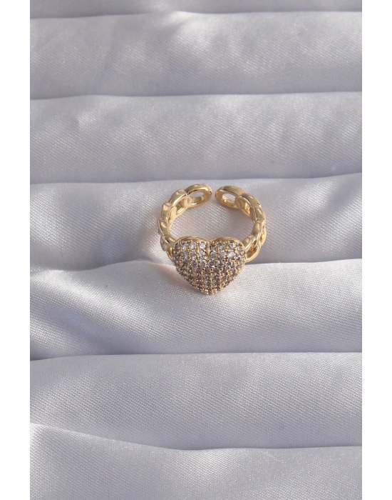 ® Pirinç Ayarlamalı Gold Renk Zirkon Taşlı Bombeli Kalp Yüzük