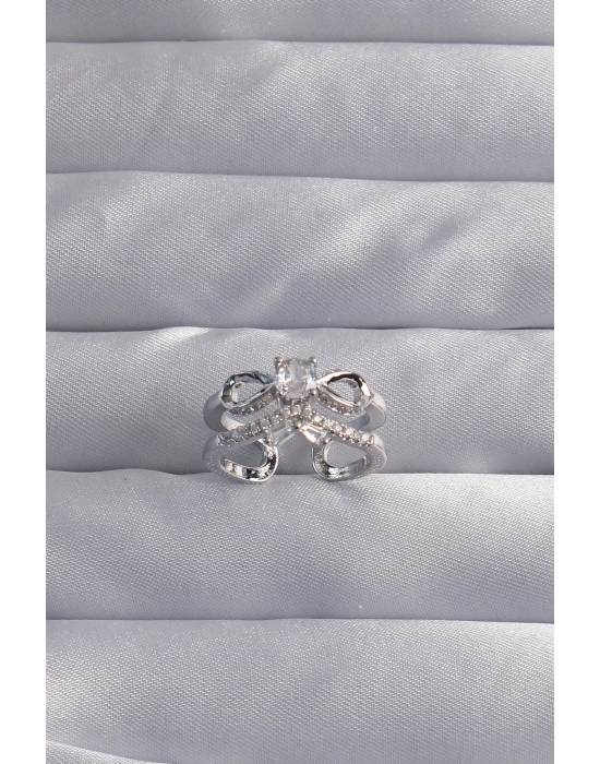 ® Pirinç Ayarlamalı Gümüş Renk Zirkon Taşlı 2li Görünüm Fiyonk Yüzük