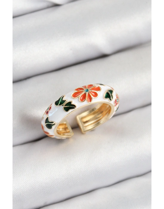 ® Pirinç Beyaz Mineli Çiçek Motifli Gold Renk Ayarlanabilir Kadın Yüzük