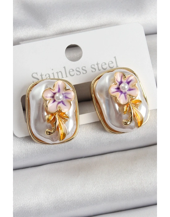 ® Pirinç Beyaz Mineli İnci Detaylı Çiçek Figürlü Sanatsal Portre Model Gold Renk Kadın Küpe