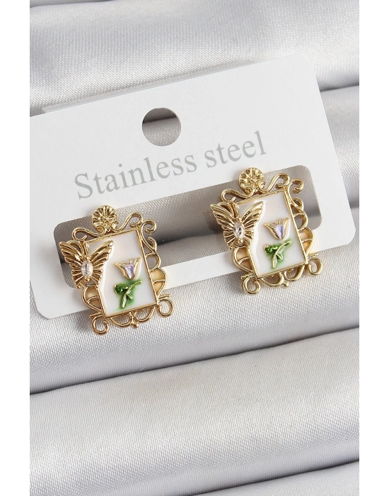 ® Pirinç Beyaz Mineli Sanatsal Portre Model Gold Renk Kadın Küpe