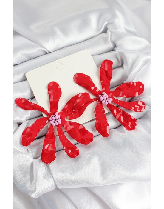 ® Pirinç Büyük Kırmızı Çiçek Model Kadın Küpe