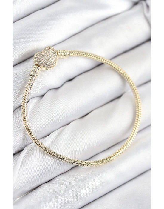 ® Pirinç Charm Zirkon Taşlı Kalp Model Gold Renk Kadın Bileklik