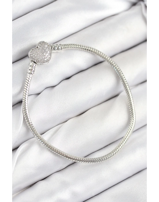 ® Pirinç Charm Zirkon Taşlı Kalp Model Gümüş Renk Kadın Bileklik