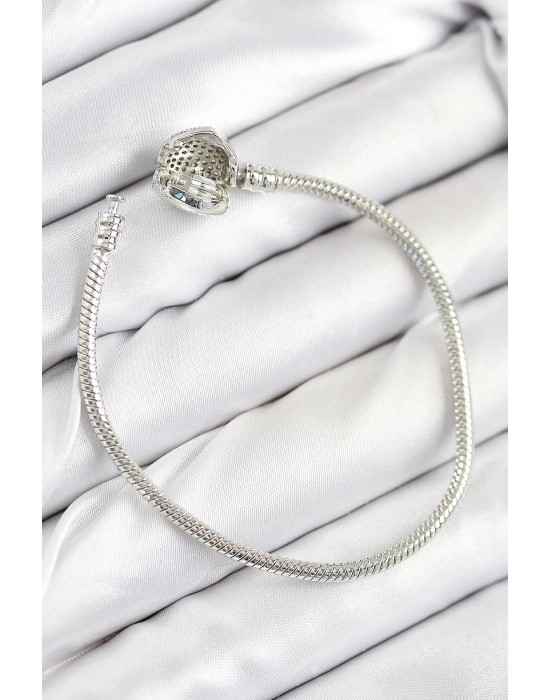 ® Pirinç Charm Zirkon Taşlı Kalp Model Gümüş Renk Kadın Bileklik