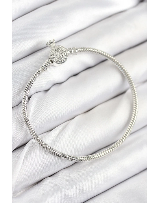 ® Pirinç Charm Zirkon Taşlı Taç Model Gümüş Renk Kadın Bileklik
