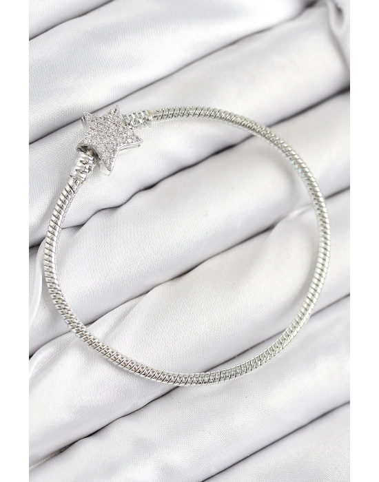 ® Pirinç Charm Zirkon Taşlı Yıldız Model Gümüş Renk Kadın Bileklik