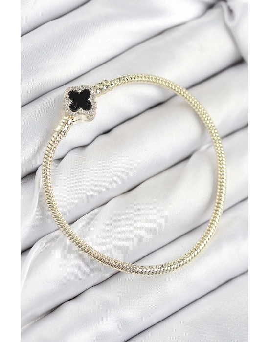 ® Pirinç Charm Zirkon Taşlı Yonca Model Gold Renk Kadın Bileklik