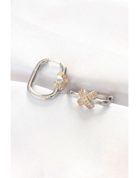 ® Pirinç Çift Renk Taşlı X Tasarımlı Dikdörtgen Küpe