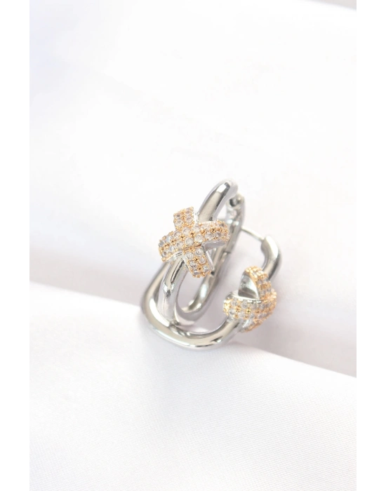 ® Pirinç Çift Renk Taşlı X Tasarımlı Dikdörtgen Küpe