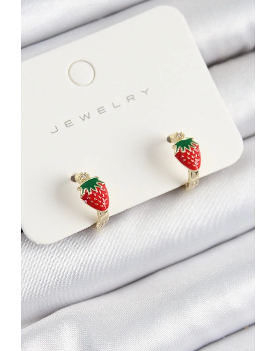 ® Pirinç Çilek Model Gold Renk Çocuk Küpe