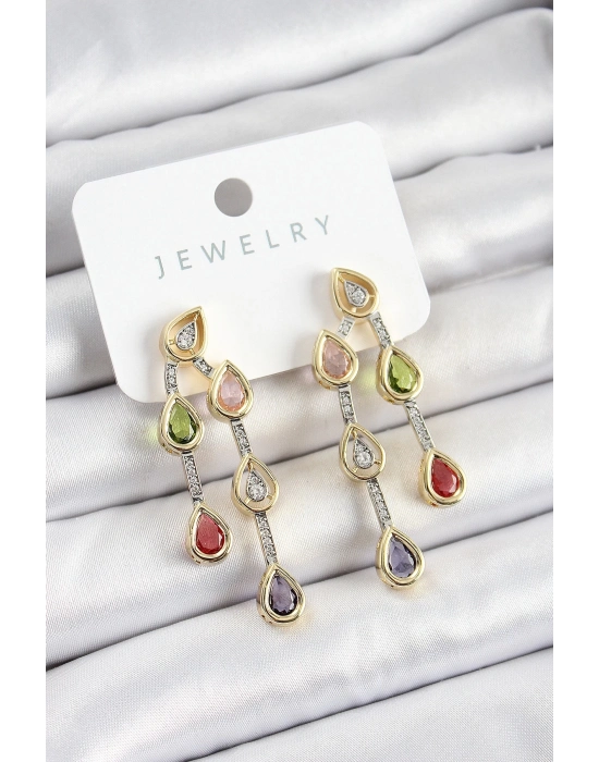 ® Pirinç Çoklu Damla Model Karşık Zirkon Taşlı Gold Ve Gümüş Renk Kadın Küpe