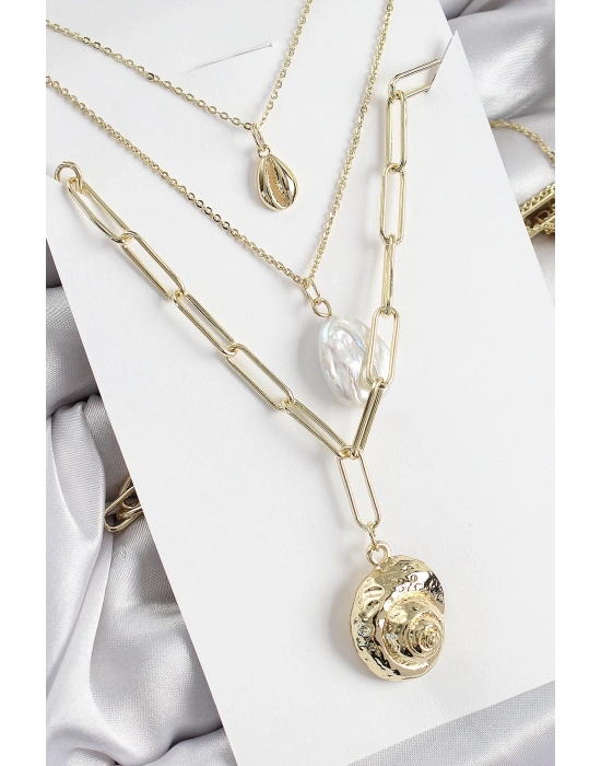 ® Pirinç Çoklu Zincirli İncili Deniz Kabuğu Model Gold Renk Kadın Kolye