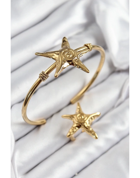 ® Pirinç Deniz Yıldızı Model Gold Renk Bileklik Yüzük Set