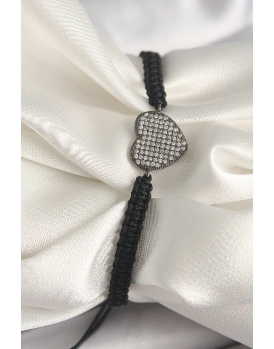 ® Pirinç Füme Renk Zirkon Taşlı Kalp Figür Asansörlü Makrome Model Kadın Bileklik