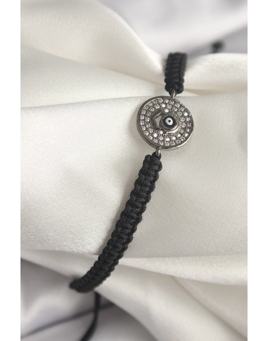 ® Pirinç Füme Renk Zirkon Taşlı Nazar Boncuk İşleme Makrome Asansörlü Model Kadın Bileklik