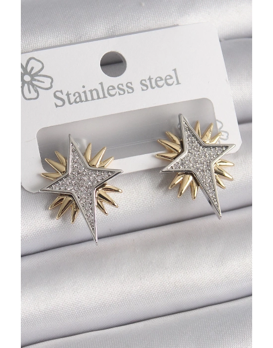 ® Pirinç Gold Gümüş Renk Zirkon Taşlı Kutup Yılıdız Model Kadın Küpe