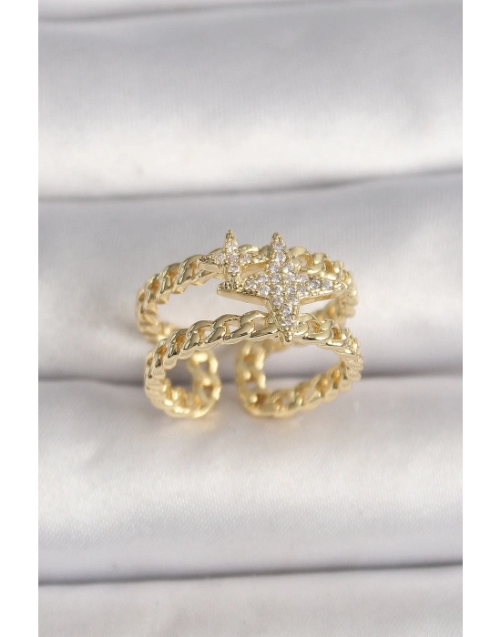 ® Pirinç Gold Renk 2Li Zincir Zirkon Taşlı Yıldız Figür Kadın Yüzük