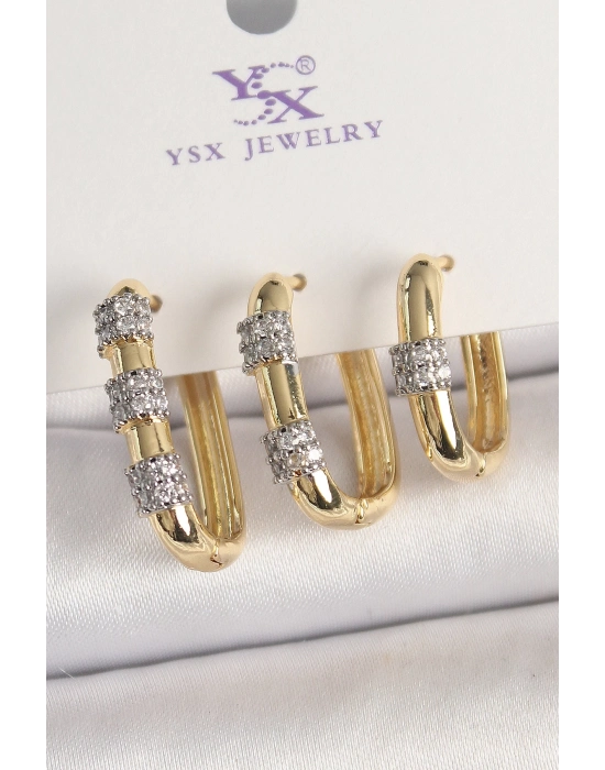 ® Pirinç Gold Renk 3Lü Halka Model Gümüş Zirkon Taş Detaylı Kadın Kombin Küpe