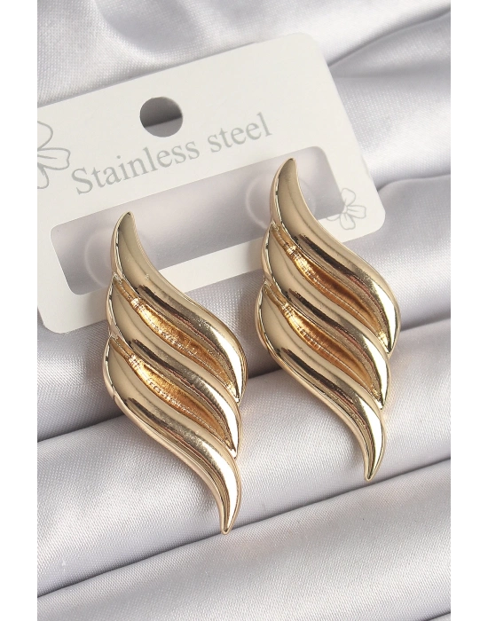 ® Pirinç Gold Renk 3 Sıra Dalga Model Kadın Küpe