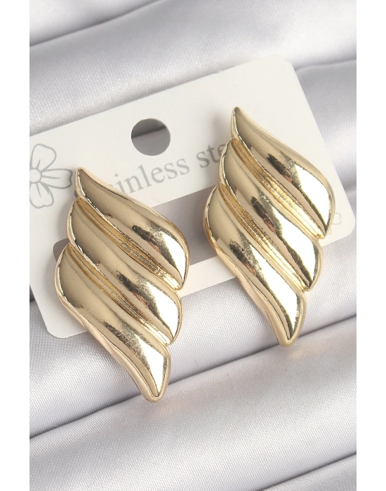 ® Pirinç Gold Renk 3 Sıralı Dalgalı Model Kadın Küpe