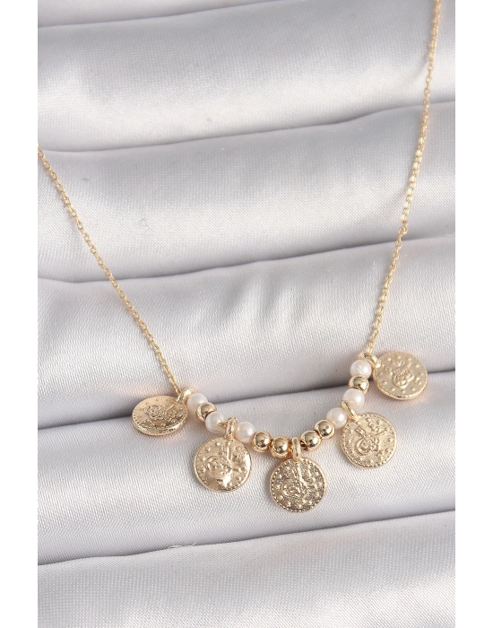 ® Pirinç Gold Renk 5Li Osmanlı Tuğra Figür İnci Detay Kadın Kolye