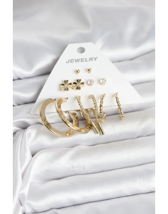 ® Pirinç Gold Renk 6 Çift Kadın Küpe Seti