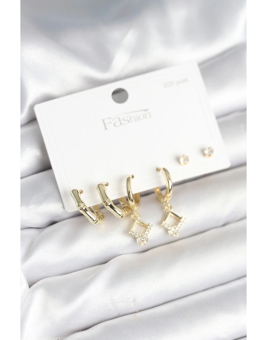 ® Pirinç Gold Renk 925 Ayar Gümüş Çivili Kadın Küpe Seti