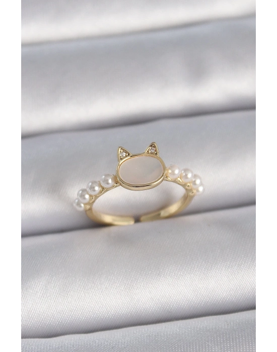 ® Pirinç Gold Renk Ayarlanabilir Beyaz Mineli Kedi Model İnci Detay Kadın Yüzük