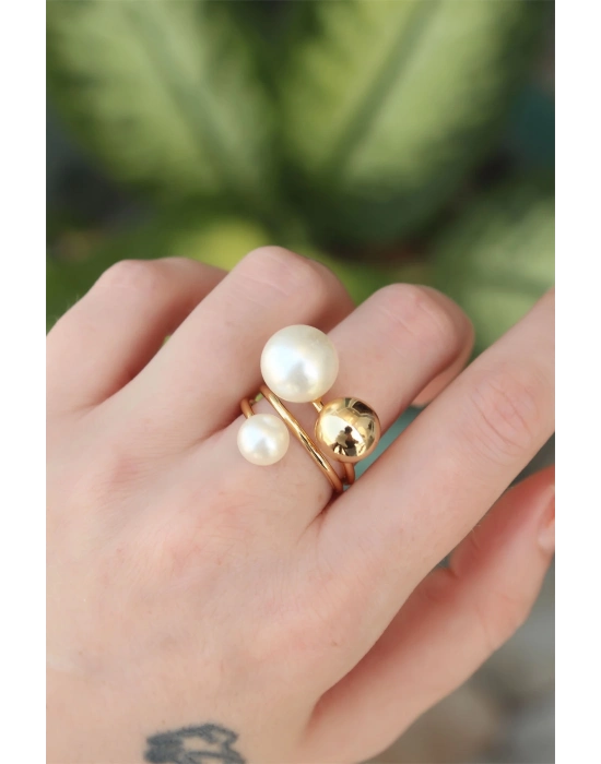 ® Pirinç Gold Renk Ayarlanabilir İnci Taşlı Yüzük