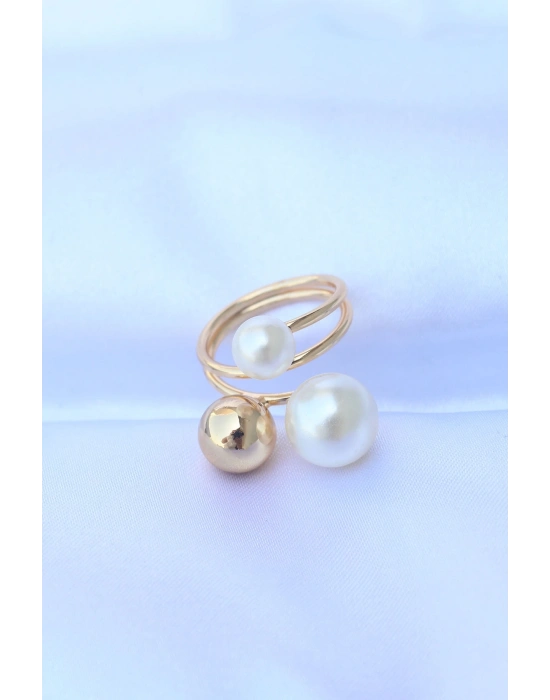 ® Pirinç Gold Renk Ayarlanabilir İnci Taşlı Yüzük