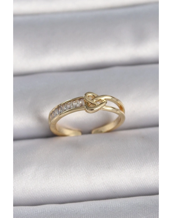 ® Pirinç Gold Renk Ayarlanabilir Zirkon Taşlı Düğüm Kalp Model Kadın Yüzük