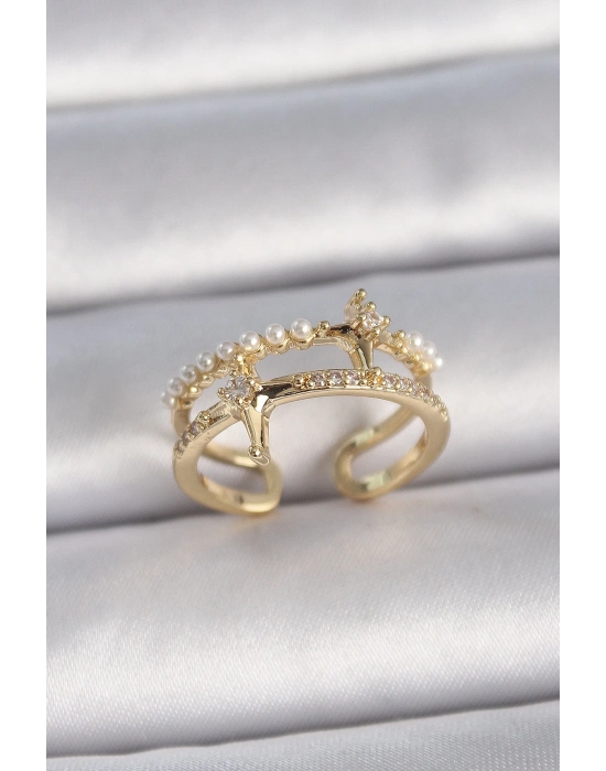 ® Pirinç Gold Renk Ayarlanabilir Zirkon Taşlı İncili Yıldız Model Kadın Yüzük
