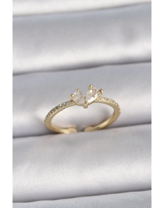 ® Pirinç Gold Renk Ayarlanabilir Zirkon Taşlı Kalp Model Kadın Yüzük
