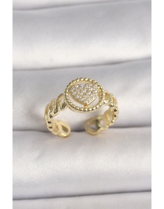 ® Pirinç Gold Renk Ayarlanabilir Zirkon Taşlı Kalp Model Kadın Yüzük