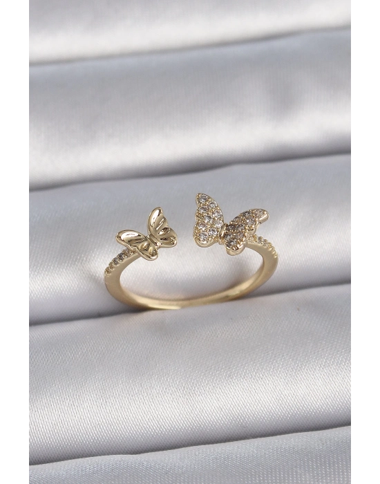 ® Pirinç Gold Renk Ayarlanabilir Zirkon Taşlı Kelebek Model Kadın Yüzük