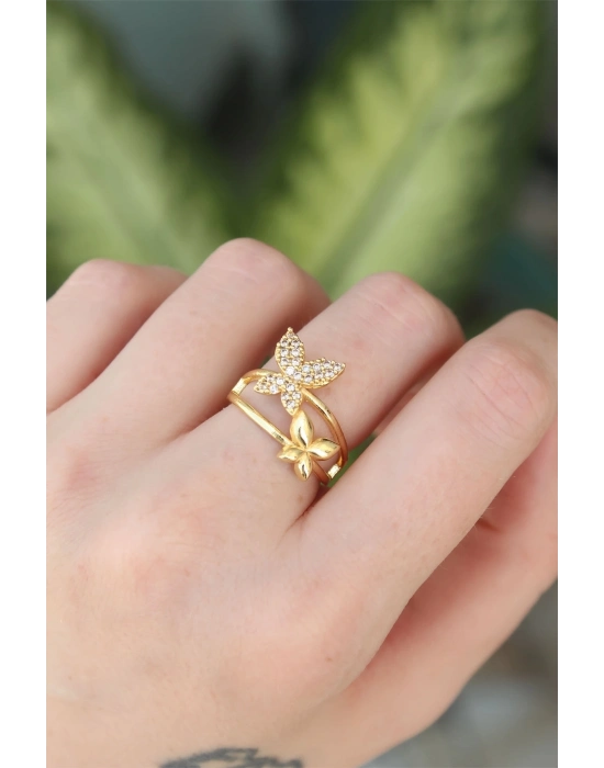 ® Pirinç Gold Renk Ayarlanabilir Zirkon Taşlı Kelebek Yüzük