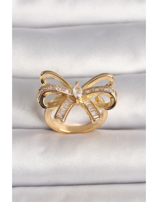 ® Pirinç Gold Renk Ayarlanabilir Zirkon Taşlı Kurdele Model Kadın Yüzük