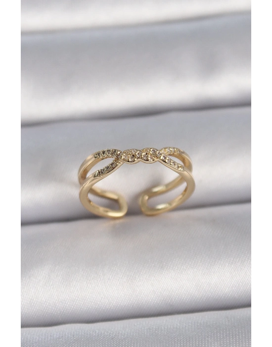 ® Pirinç Gold Renk Ayarlanabilir Zirkon Taşlı Sarmal Model Kadın Yüzük