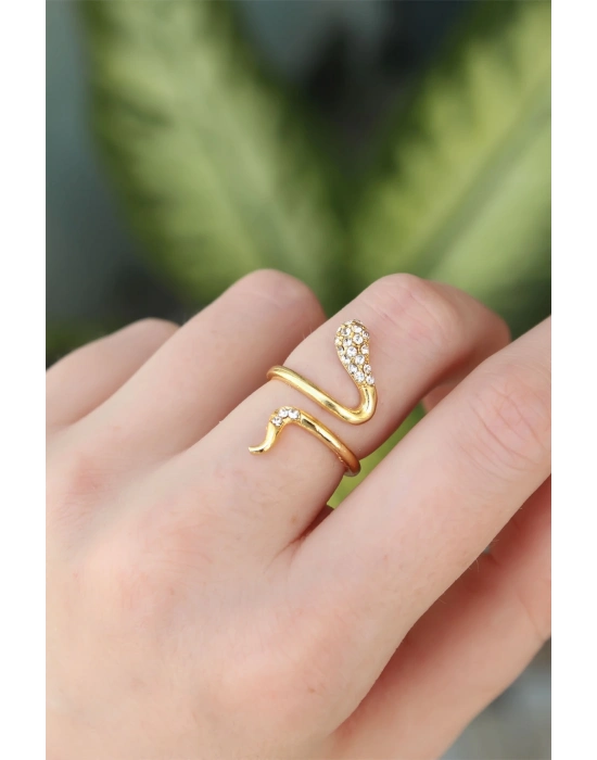 ® Pirinç Gold Renk Ayarlanabilir Zirkon Taşlı Yılan Yüzük