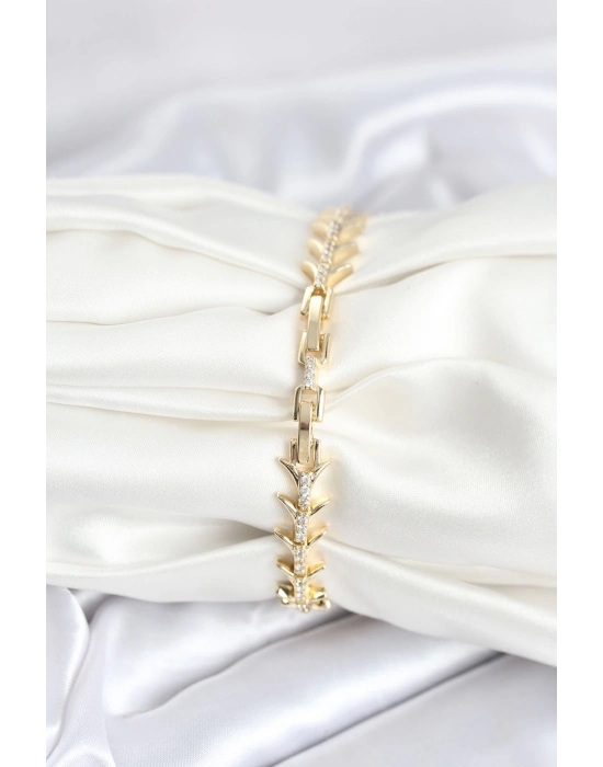 ® Pirinç Gold Renk Balık Sırtı Model Zirkon Taşlı Kadın Bileklik