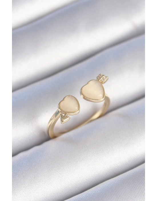 ® Pirinç Gold Renk Beyaz Mineli Kalp Model Kadın Yüzük