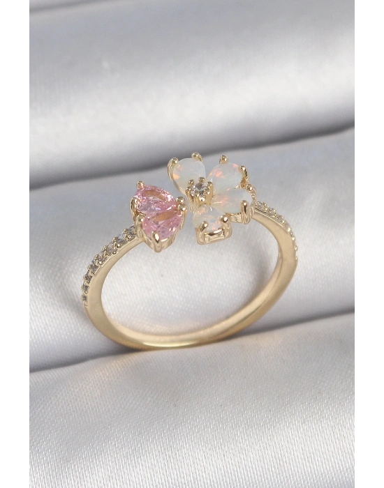 ® Pirinç Gold Renk Beyaz Mineli Pembe Zirkon Taşlı Çiçek Model Kadın Yüzük